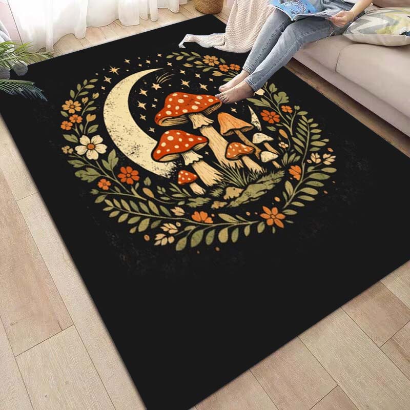 Playful-style living room rug—cartoon forest and mushroom pattern; soft, washable, and non-slip; suitable for dining rooms and bedrooms.
