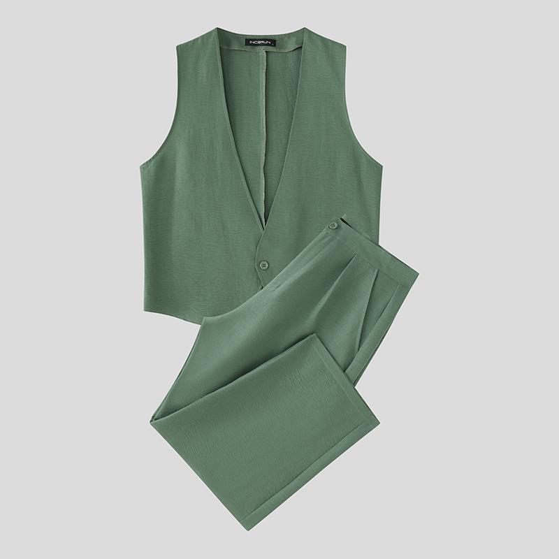 

INCERUN Two Pieces Casual Sets Men Sleeveless Waistcoat and Long Pants Trousers L зелёный
