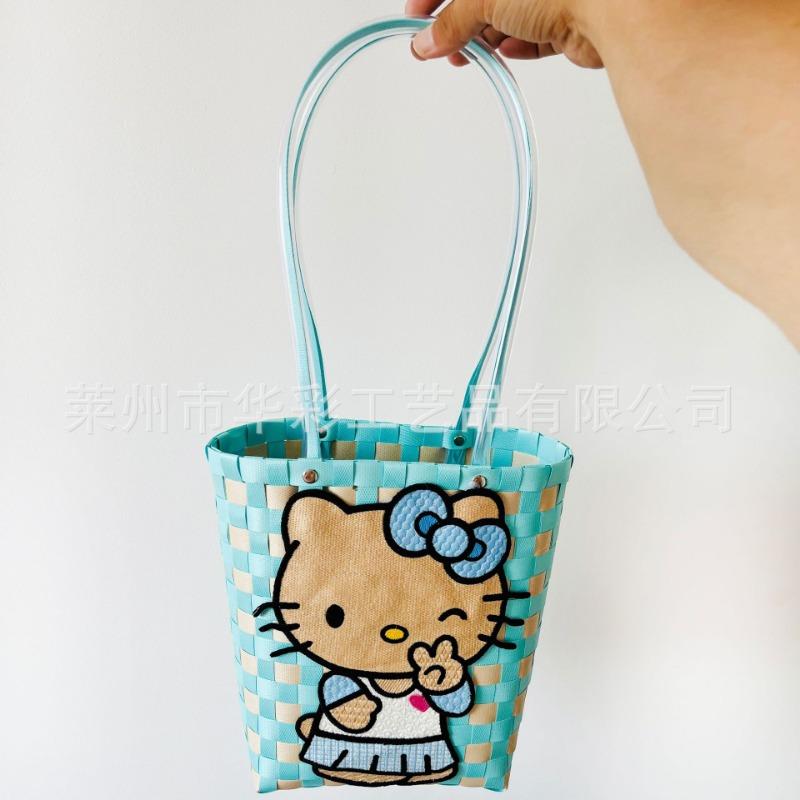Plastic Woven Handbag Kitty Cat Bag College Style Girl Handwoven Bag Vertical Vegetable Basket