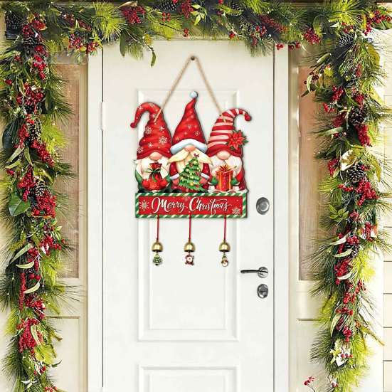 Festive Hanging Ornament Merry Christmas Wooden Wall Door Sign with Bells, Rustic Santa Snowman Indoor Holiday Party Supplies Tree Reindeer Decorative