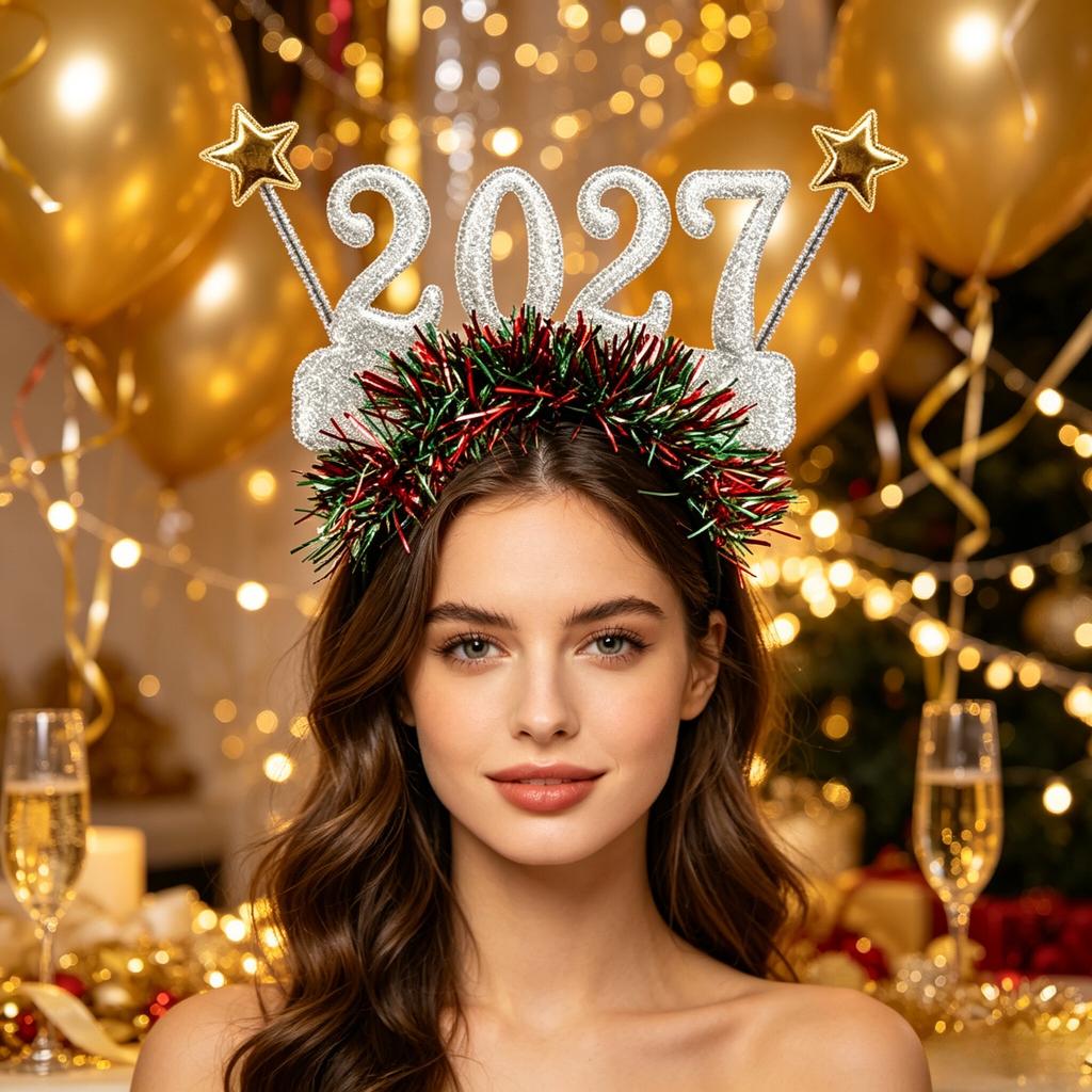 1117 New Year Headband Silvery Glitter Number Hair Hoop with Red Green Tinsel Golden Star,Christmas New Year'S Eve Party Prop