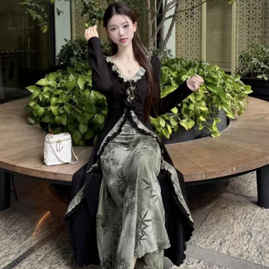 New Chinese style V-neck front shoulder dress for women's early autumn new large size fat mm cold zen dress