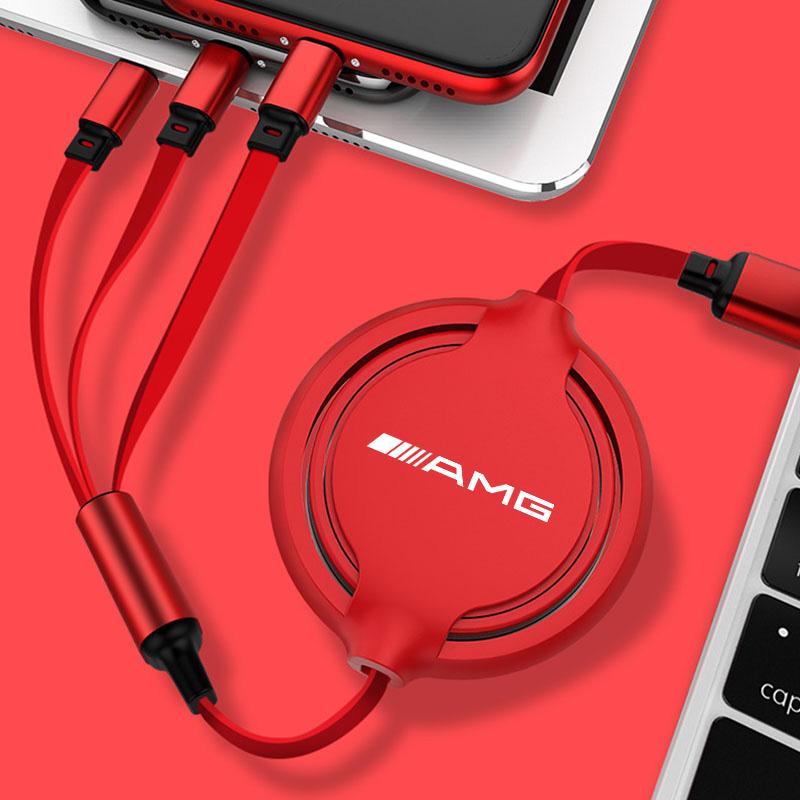 Car USB Quick Charger Data Cable Micro Type-C Lightning 3 In 1 For Mercedes Benz AMG GLE GLS CLA CLE GLC CLS GLA Tire Valve Cap