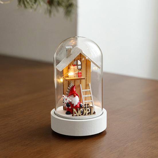 Christmas Dome Glass Ornament LED Light Up Reindeer Christmas Tree Little Church in Cloche Tabletop Decoration for Indoor Room Desktop Decor