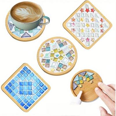 4pcs DIY Glass Mosaic Tiles for Crafts, Mixed Color Mosaic Kits with Wooden Coaster for Adults, Mosaic Crafts Materials