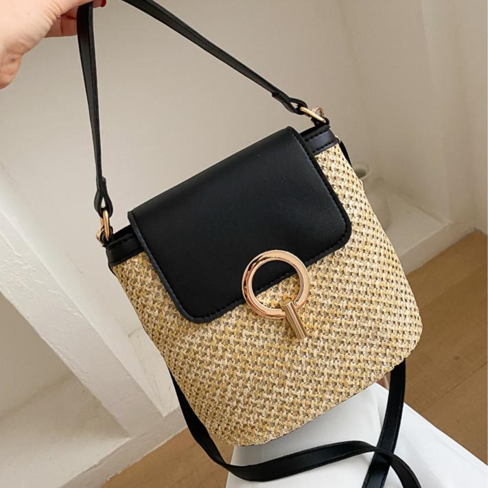 Women's Lightweight Straw-Textured Handbag with Golden-Tone Ring Lock Closure - Adjustable Strap, Spacious Interior Pocket, Spring Summer Beach Tote