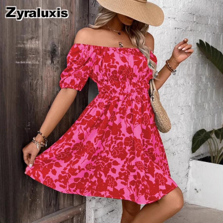 New Printed Casual Off-Shoulder Dress - Short Sleeve Loose Floral Print Sundress