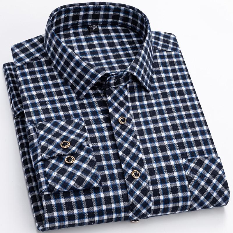 M-6XL Men's Pure Cotton Flannel Shirts Long Sleeve Single Pocket Casual Plaid Thick Soft Cozy Brushed Shirts Blouse Men Clothing