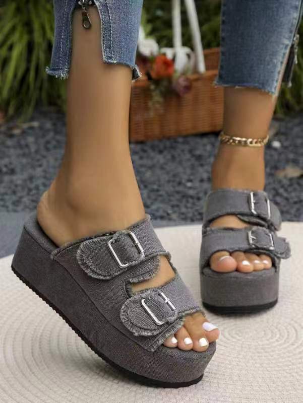 Mode Größe35 43 Denim Stoff Riemen Schnalle Slipper Damen Sommer Oberbekleidung 2025 Neu Dicke Sohle Plateau Sandalen für Damen