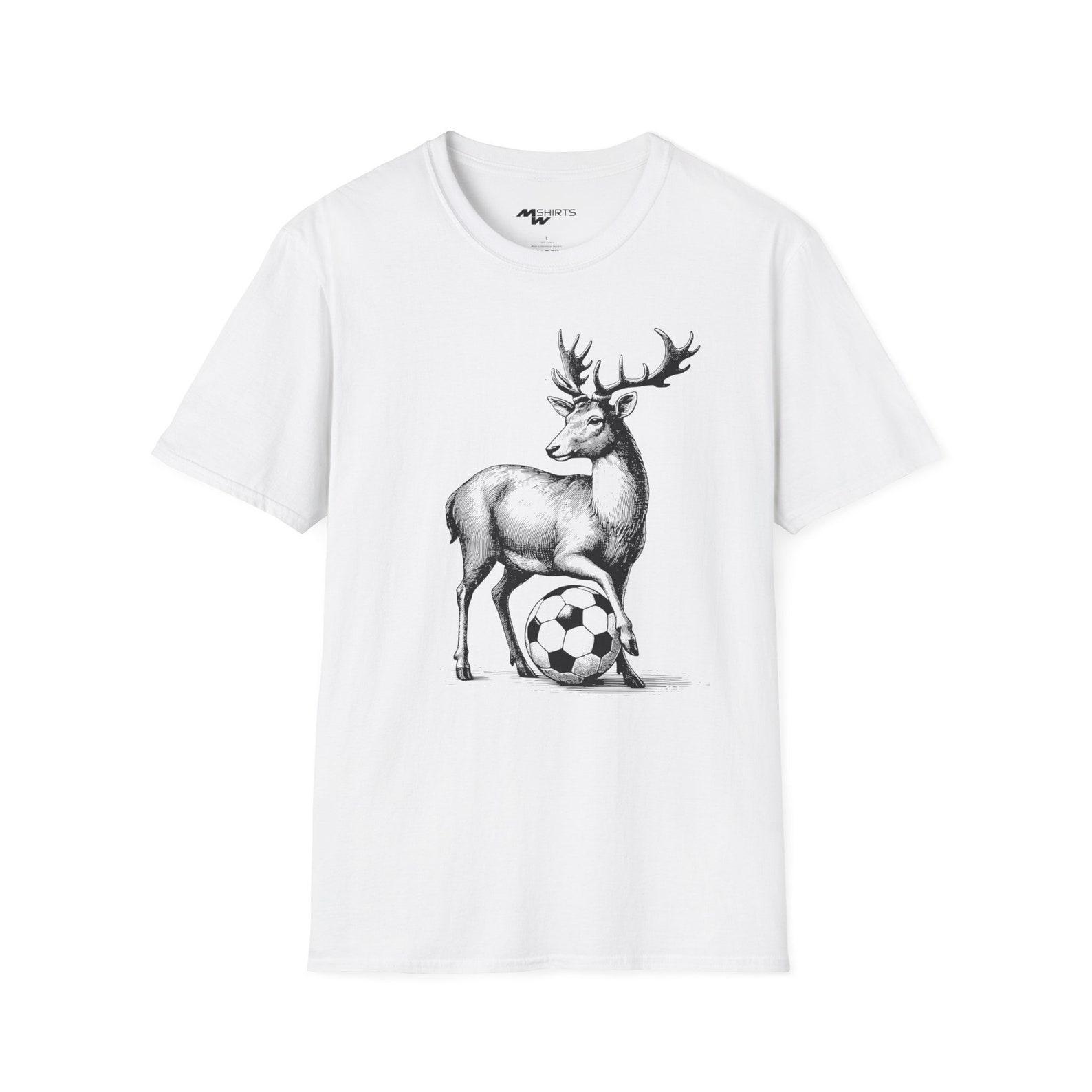 Deer with Soccer Ball T-Shirt: Copper Engraving Style, Unisex Soft-Style S