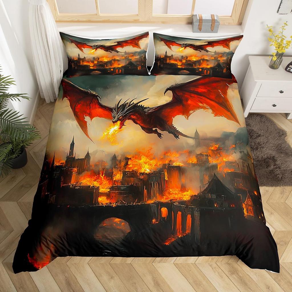 Fire Dragon Duvet Covers For Kids Teens Queen King Size Lightweight Quilt Covers Mythical Animals Pattern Bedding Set Room Decor