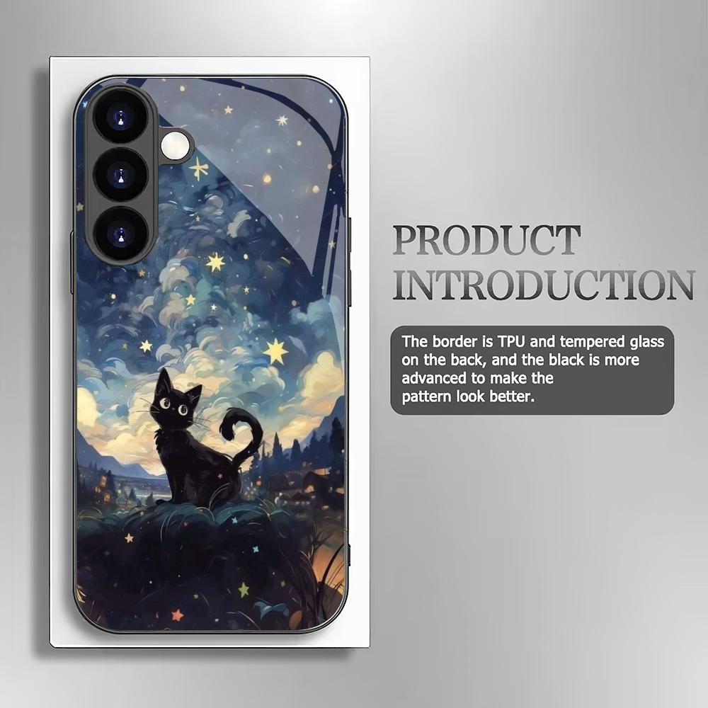 Starry Sky Black Cat Tempered Glass Phone Case Suitable for Samsung Galaxy S26 S25 S24 S22 S21 S20 FE/Ultra/Plus Anti Drop