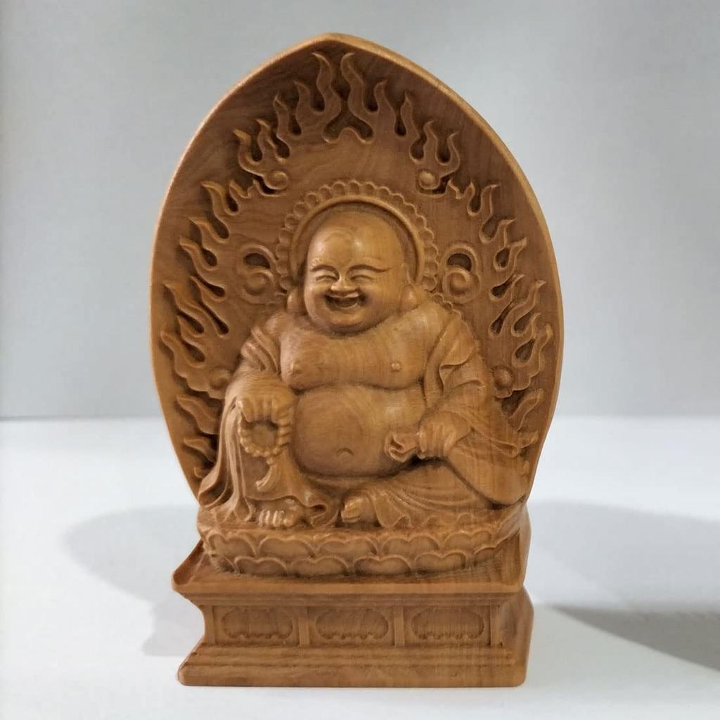 Mini Hotei Buddha Statue, Seven Lucky Gods Figurine, Premium Boxwood Wood Carving (7cm H x 4.5cm W x 2cm D)