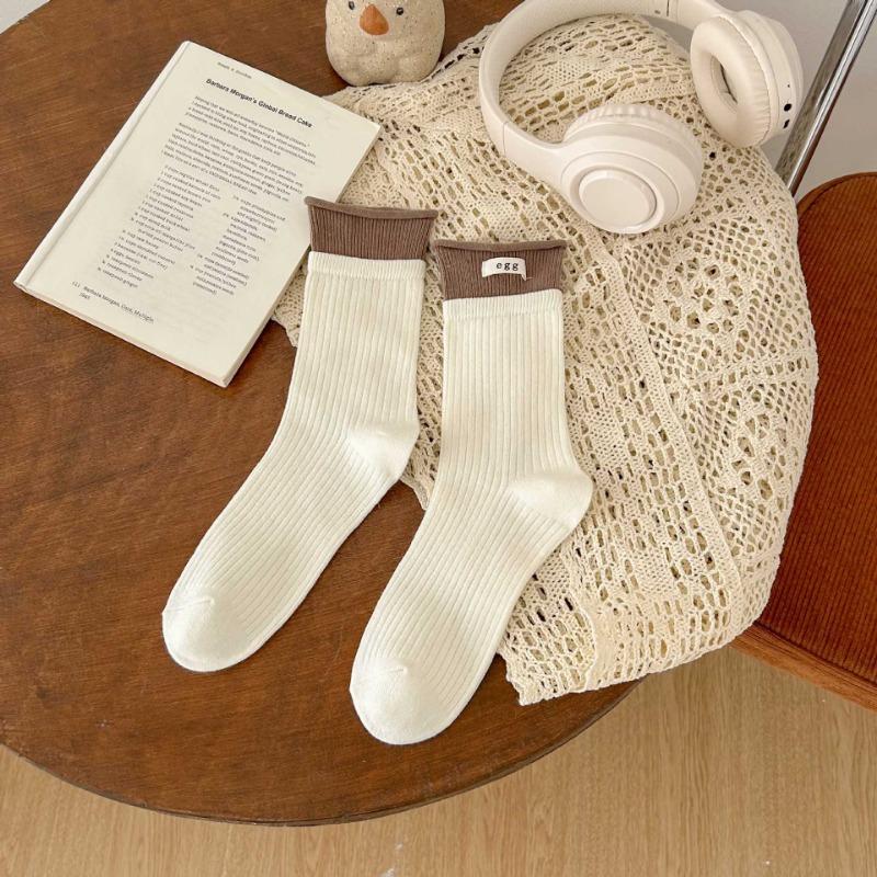 

Женские осенние носки из хлопка с контрастным цветом, двойным мыском и тканой этикеткой в виде барабана 1 pair белый