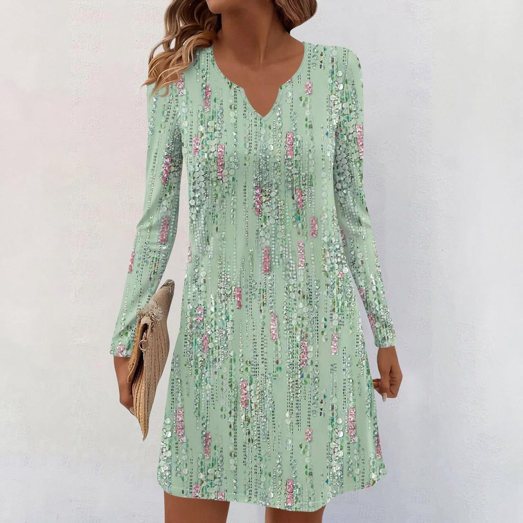 Women's Long-sleeved Casual Midi Dresses V-Neck Print  Casual Dress