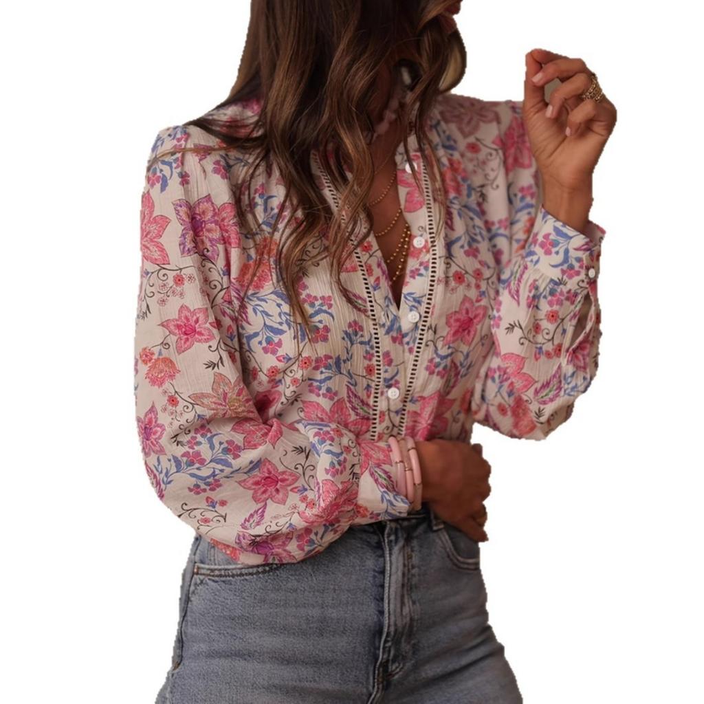 Nuova Blusa Camicia Elegante Stampata a Maniche Lunghe da Donna Top Casual per Europei Americani