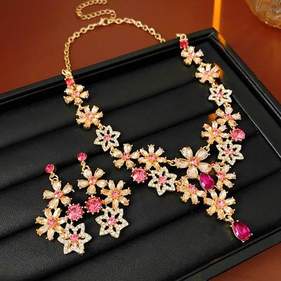 Vintage Inlaid Rhinestone Flowers Snowflake Jewelry Sets for Women Retro Exquisite Versatile Light Luxury Earring Necklace Set