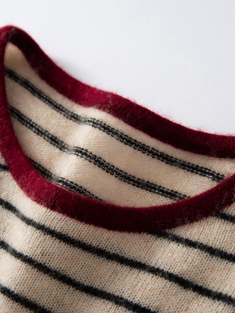 2025 Autumn/Winter Women's Color Block Stripe Cashmere Sweater - Loose Knit Round Neck Long Sleeve Fashion Base Layer