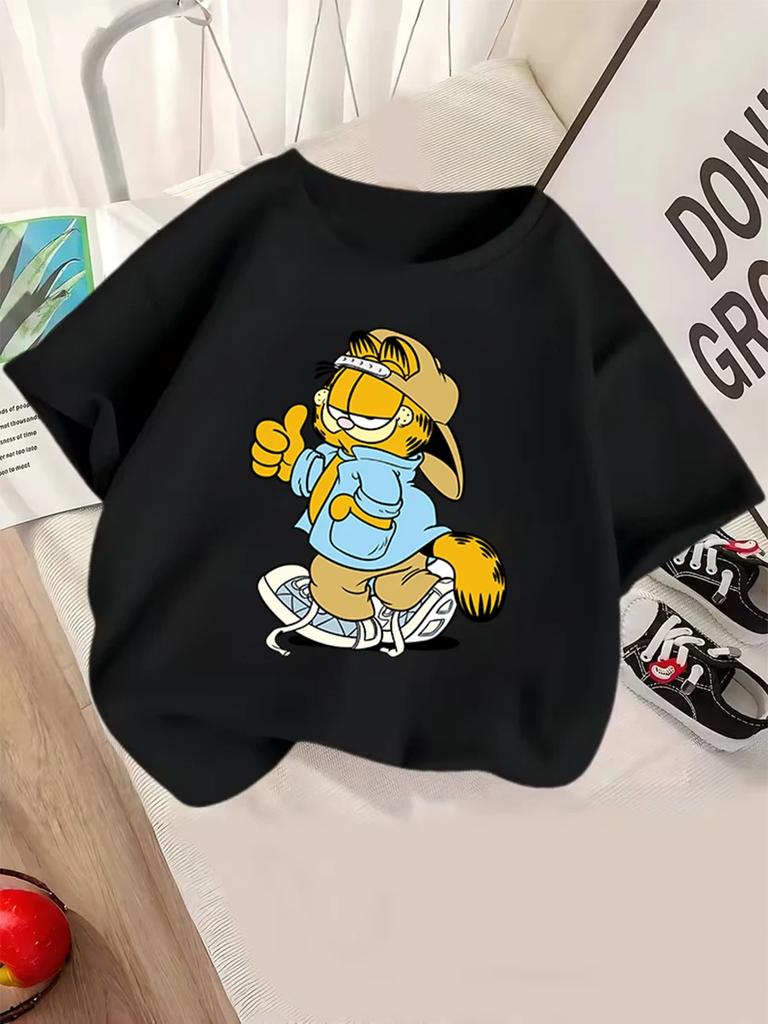 Funny Garfield Short Sleeve Kids T Shirt Summer Cute Cartoon Crewneck Street 3-14 Years