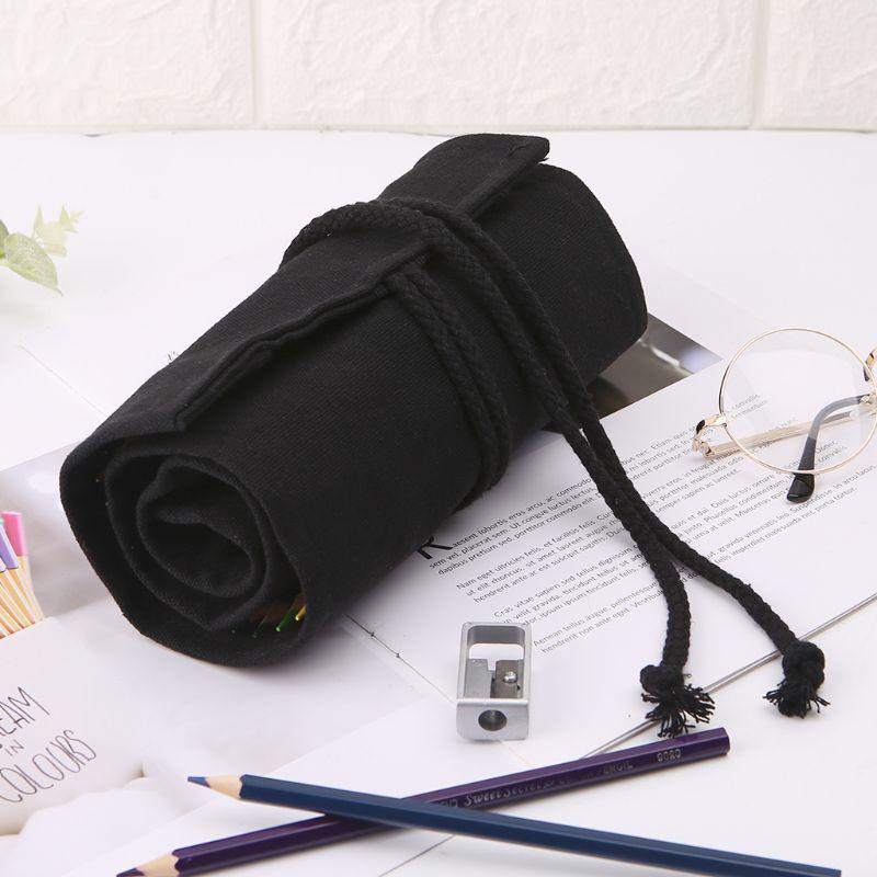 Black Color School Pencil Case Roller 12/24/36/48/72 Holes Canvas Roll Up Makeup