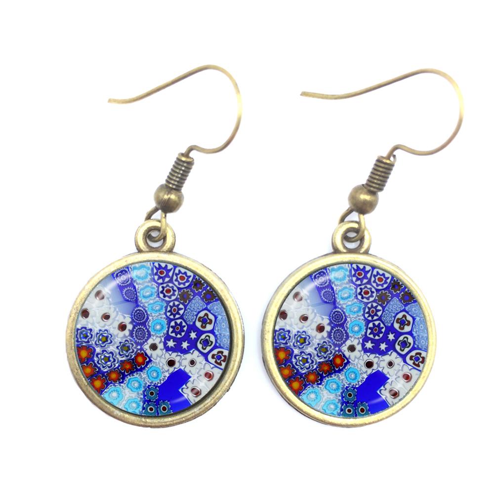 Murano Millefiori Drop Earrings MultiColour Flower 16mm Glass Cabochon Earring Jewelry For Women Girls Gift