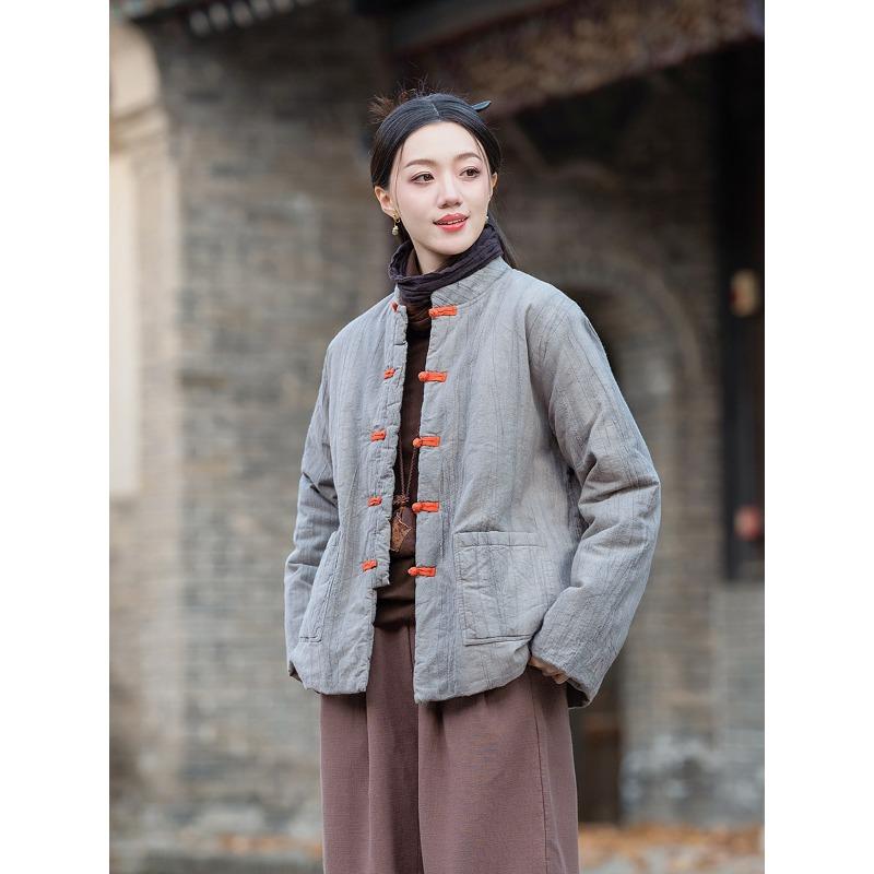 

25 Winter new ramie tie-dye padded color-matching disc-buckled cotton-padded jacket, personalized zen women s short cotton-padded jacket One size