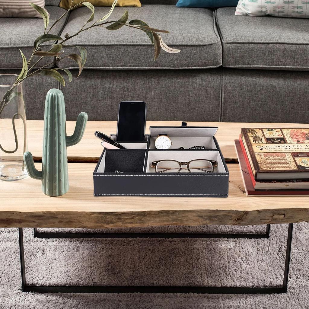 Faux Leather Men's Valet Tray with 5 Compartments Tray Organizer Durable Nightstand Organizer Dresser Box for Keys Wallet Glasse