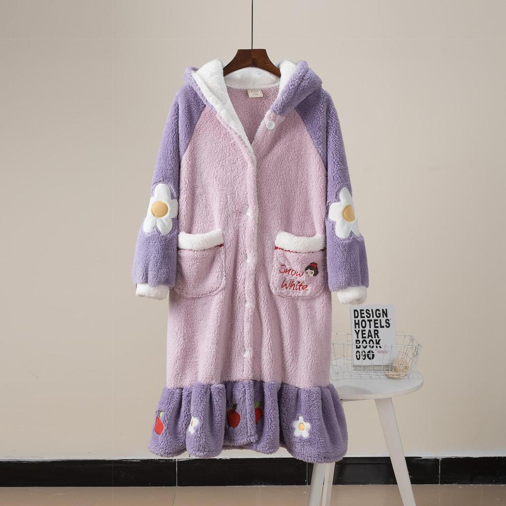Women's Snow White Long Coral Fleece Pajama Set - Autumn/Winter Flannel Robe & Nightgown with Parent-Child Style