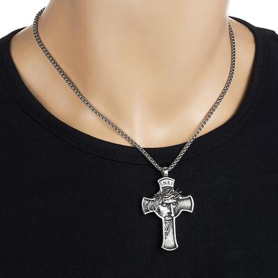 Vintage Stainless Steel Jesus Cross Pendant Necklace Men Boy Biker Cross Jesus Face Necklace Chain Talisman Jewelry Gift