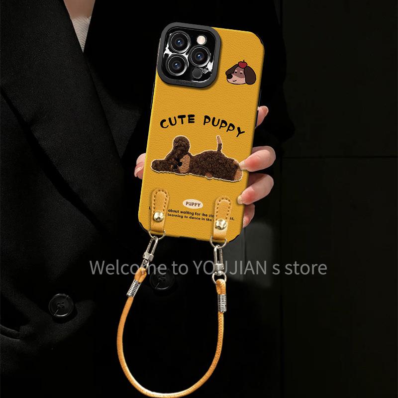 Embroidered Puppy Lanyard for Apple 15promax Mobile Phone Case Iphone17 Autumn and Winter 14 Silicone Sheepskin 16 Women