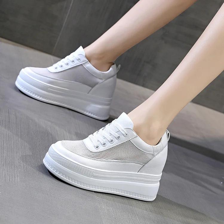 9cm Microfibra Zeppa Scarpe Sneakers Décolleté Bianco Platform Air Mesh Hollow Décolleté Scarpe Donna De Mujer