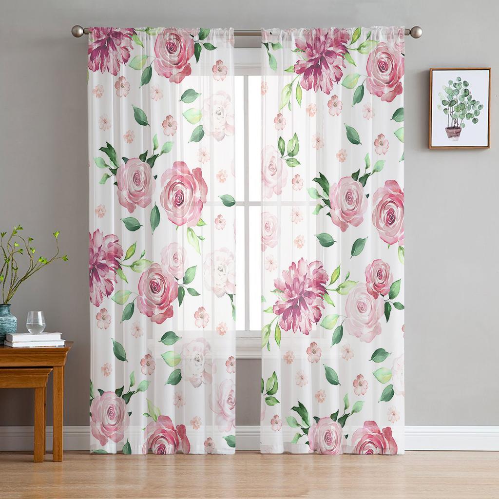 Tüllvorhang mit Aquarellblumen und Blättern, grün, Voile, transparenter Tüll für Schlafzimmer, Wohnzimmer, Küche, durchsichtige Fenstervorhänge
