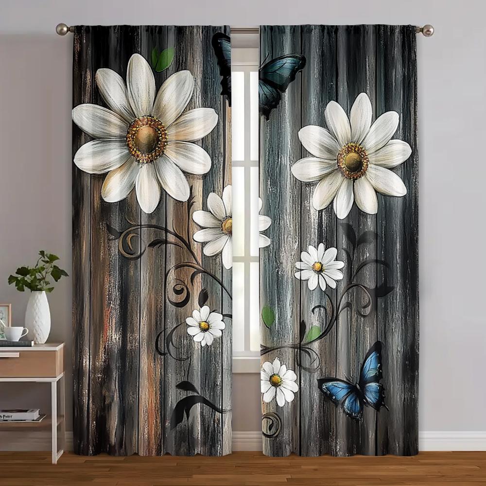 2pcs, Curtains Digital Printed 2D Print Daisies And Butterflies Machine Washable Polyester (without Rod) Art Deco Festive Use