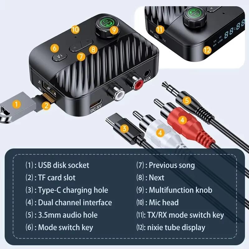 Bluetooth Audio Transmitter Receiver 2-In-1 BT5.3 Stereo USB Flash Drive 3.5mm Aux Jack RCA Wireless Hands-Free Calling Music