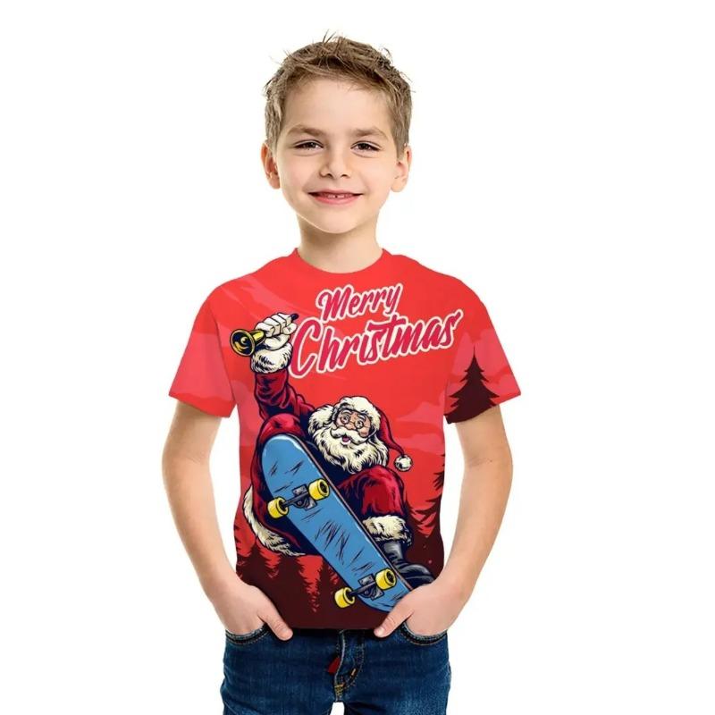 Summer Round Neck 3D Cute Cartoon Christmas Printed T-shirts Fashionable Casual Short Sleeved Children's Boy and Girl Kids Unisex T-shirts