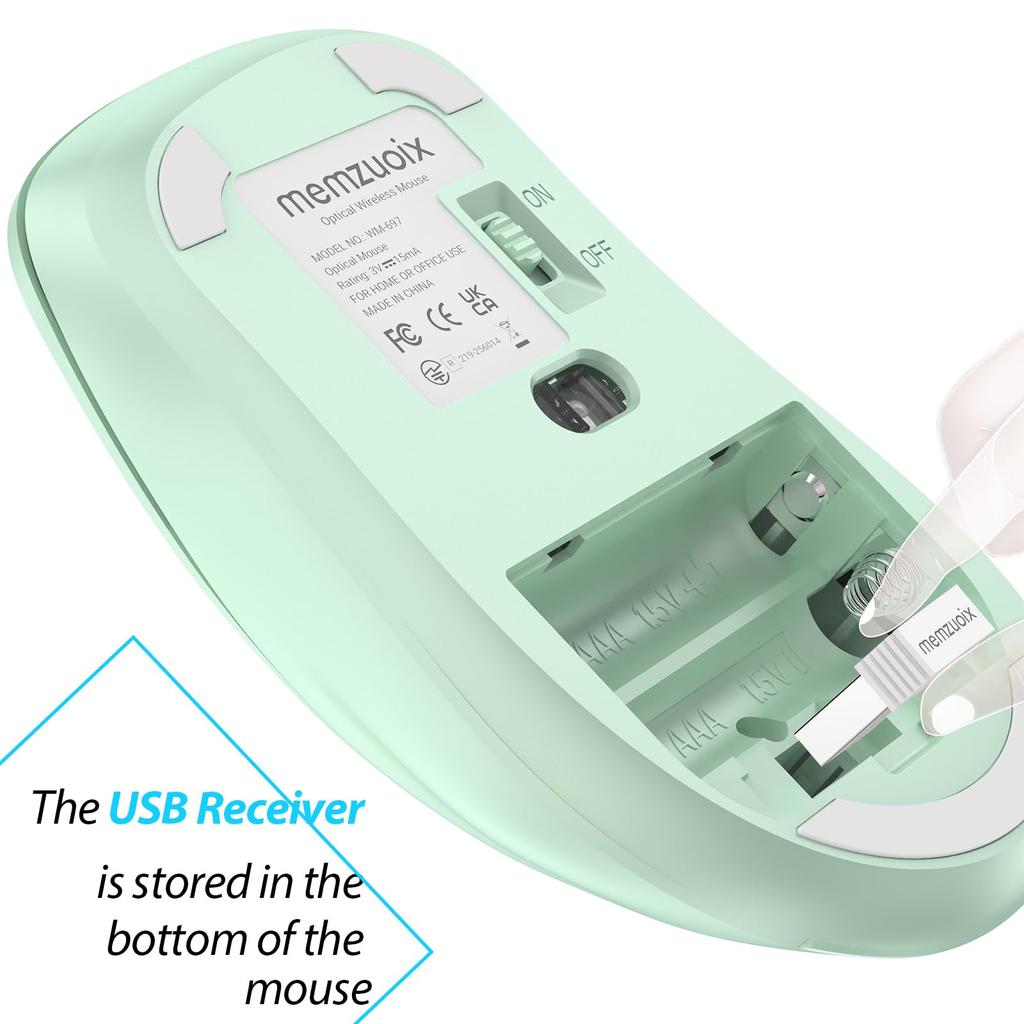 Memzuoix Ergonomic Wireless 1400 5 Battery USB Receiver Compatible with Light Green Mouse, 2.4G Optical, DPI, Buttons, Operated, Included, Cordless,