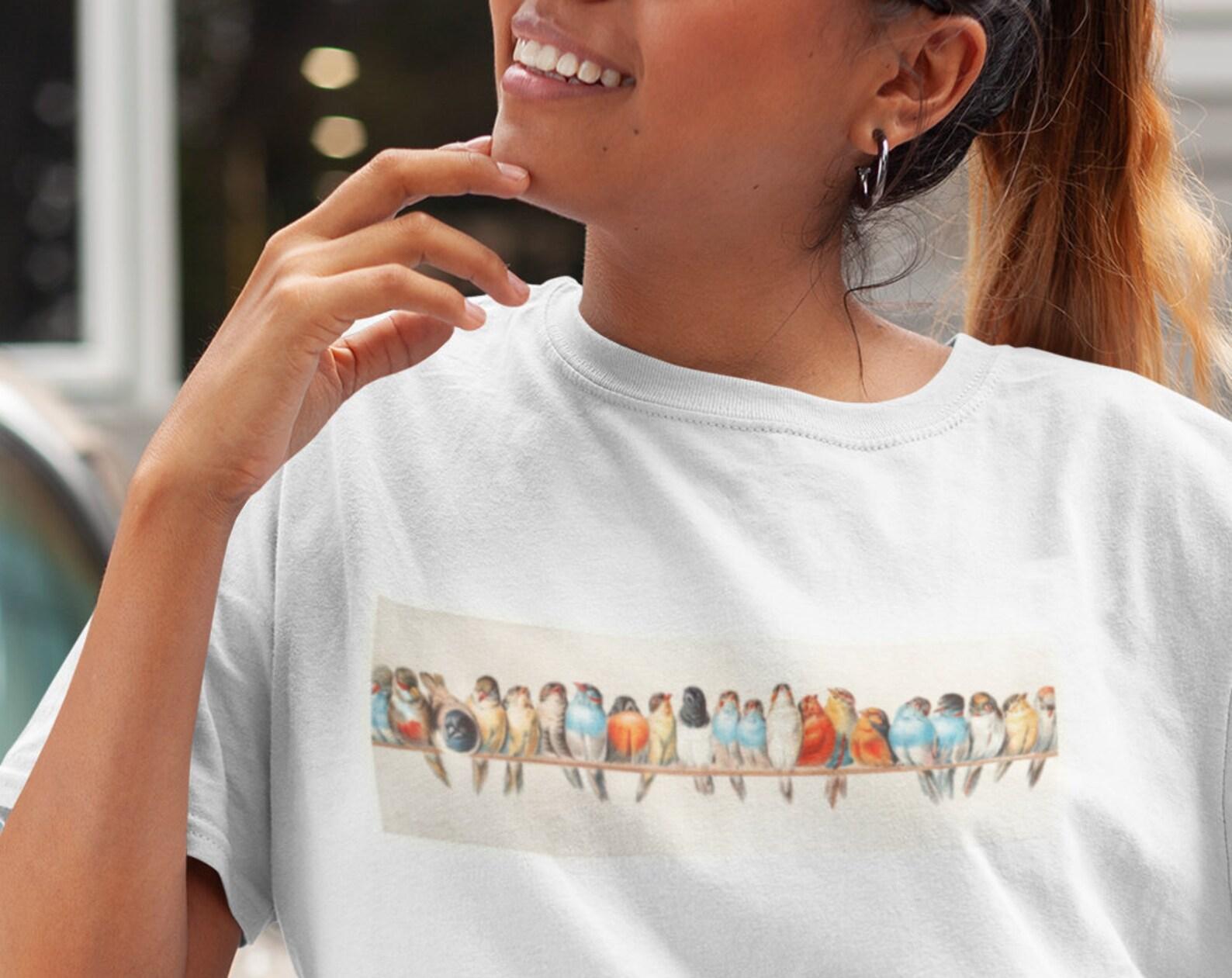 Birds on a Wire T-Shirt - Vintage Bird Painting Art Tee S