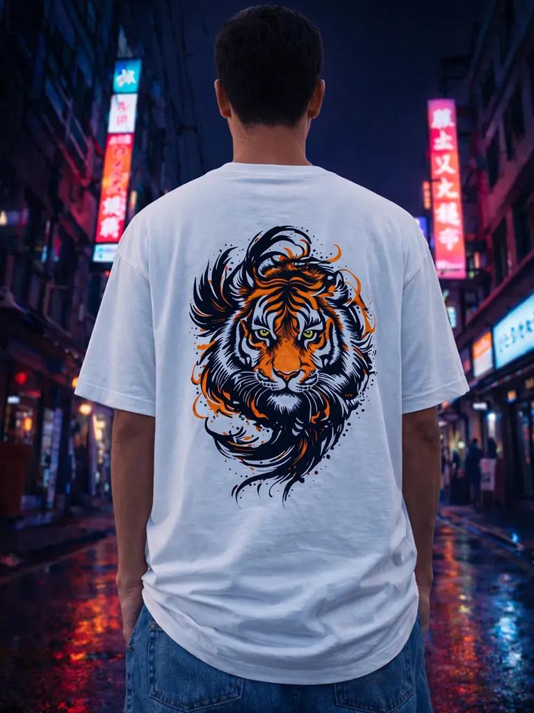 Thick White Oversized T-Shirt with Tiger Print