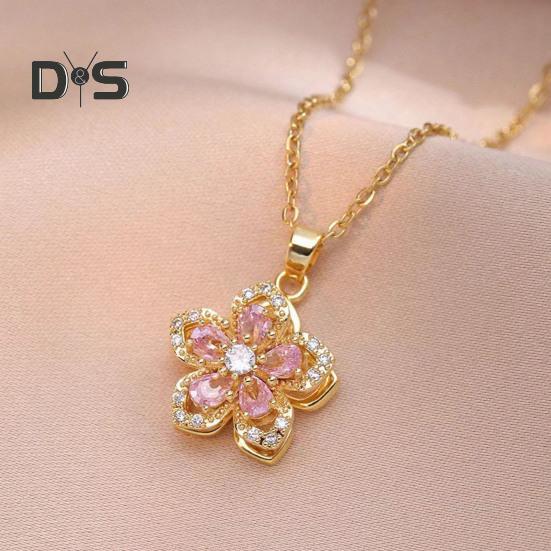 Rotatable Rhinestone Flower Pendant Necklace for Women Titanium Steel Shiny Cubic Zircon Flower Choker Wedding Party Jewelry