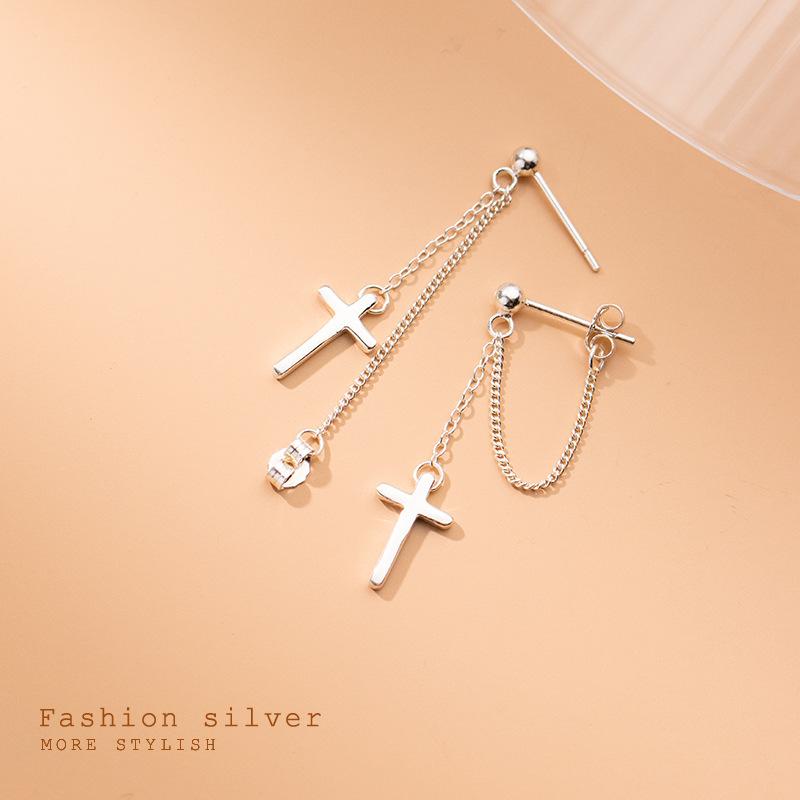 Beautiful Elegant Solid 925 Sterling Silver Cross Tassel Chain Stud Earrings for Women Jewelry