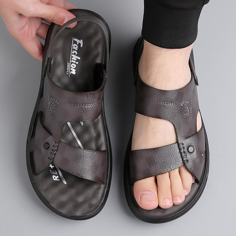 Men Black Leather Sandals Simple Flats Summer Brown Outdoor Hiking Sandals Outdoor Wide Beach Shoes for Father Over Sized