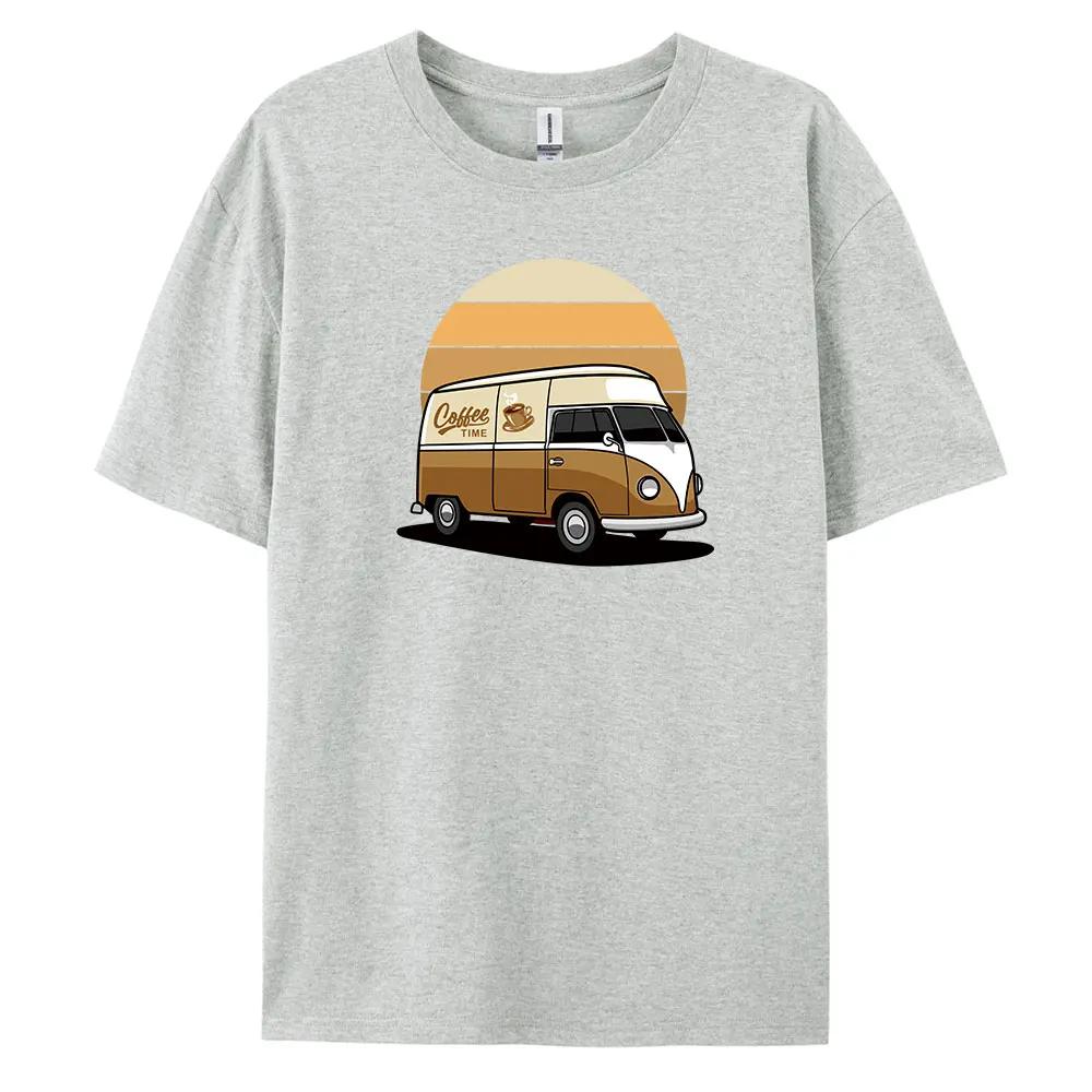 Men's Coffee Bus Pattern Printed 100% Cotton Casual Short-sleeved T-shirt, Street Trend High-quality Top