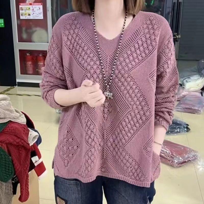 Women's Long Sleeved V-neck Knitted Sweater Loose Korean Fashion Hollow Out Knitted Sweater Top