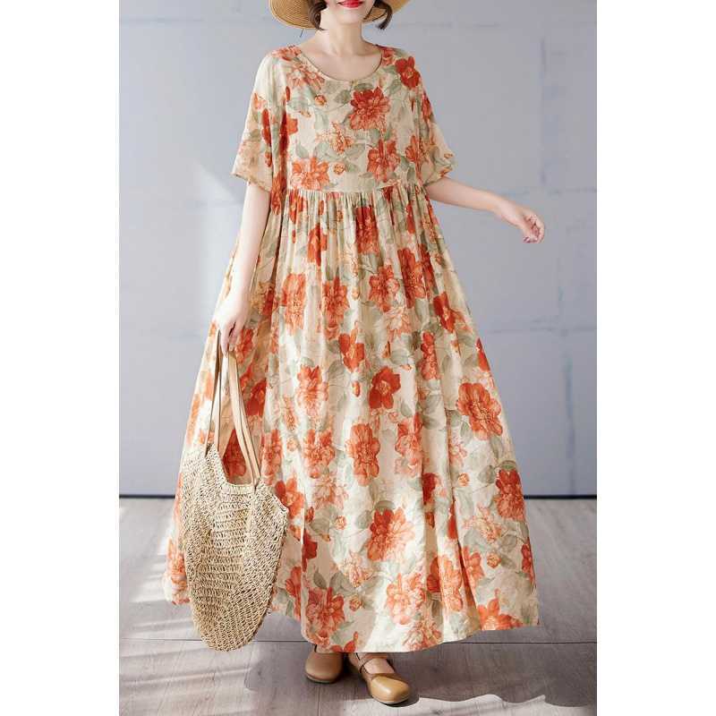 Simple and Fashionable Long Skirt Summer Short Sleeved Round Neck Printed Dress