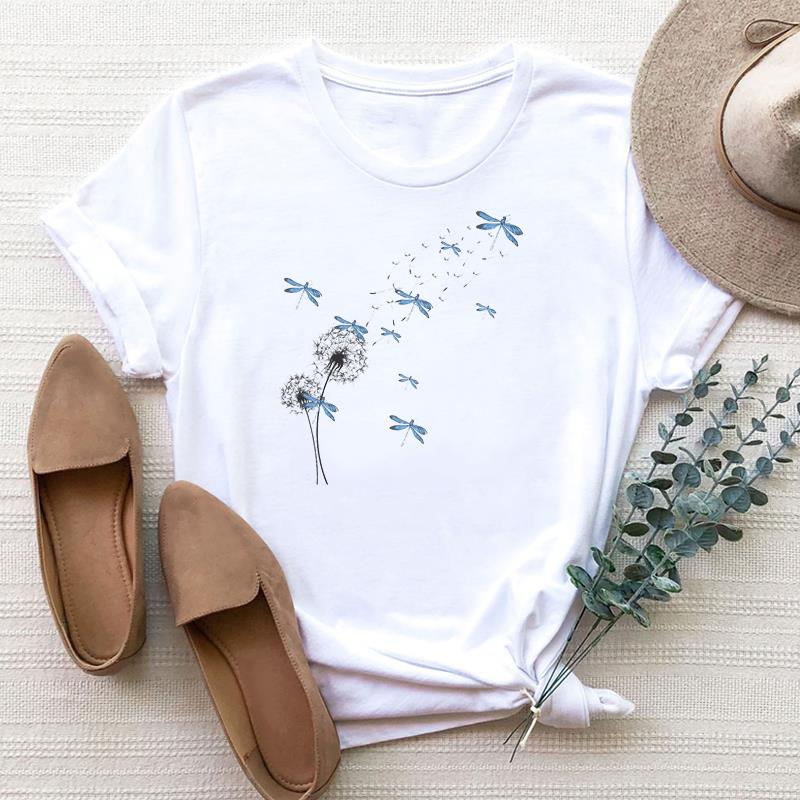 Taille européenne Femme Papillon Mignon Tendance Dessin Animé Mignon Impression Tee Haut Mode T-shirt Femme Vêtements T Manches Courtes T-shirts Graphiques