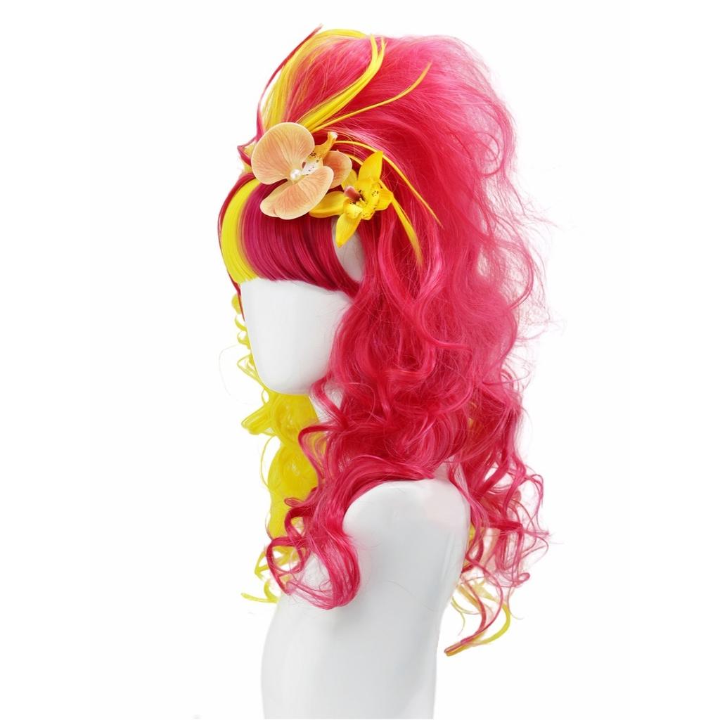 Double-Toned Yellow Pink Gradient Long Curly Synthetic Wig with Floral Hairpiece,Wavy Hairstyle for Cosplay Party Costume Event