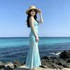 Seaside vacation style blue printed suspender dress beautiful gentle temperament waist slim fishtail skirt summer