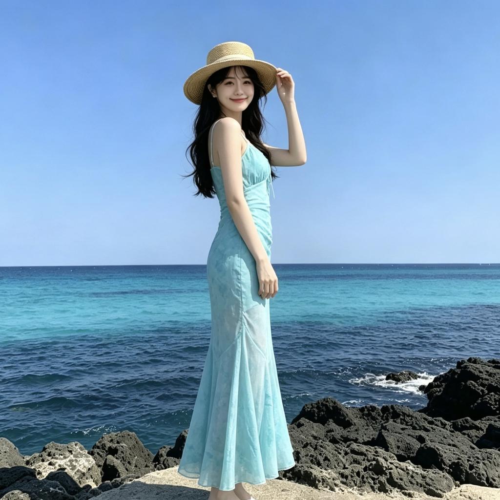 Seaside vacation style blue printed suspender dress beautiful gentle temperament waist slim fishtail skirt summer