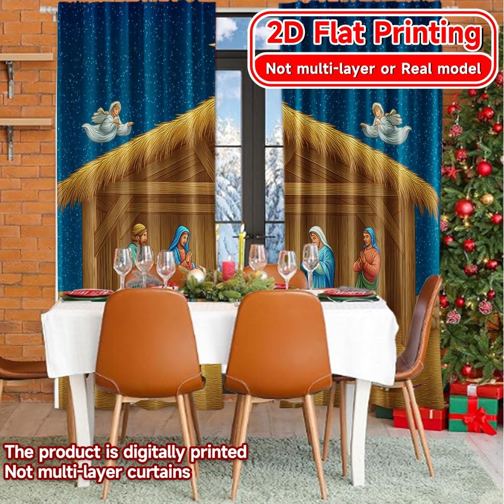 2D FLAT PRINTING 2pcs Curtains (Without Rod) Christmas Nativity Scene Holiday Easter Printed Curtains Machine Washable Fabric