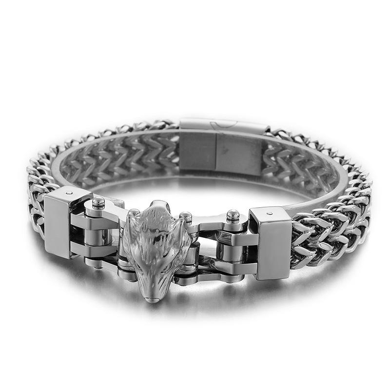 

12mm Punk Gold Color Viking Wolf Bracelet Men Hiphop Black Stainless Steel Biker Bike Double Mesh Chain Bangle Jewelry Wristband 21.5cm срібний